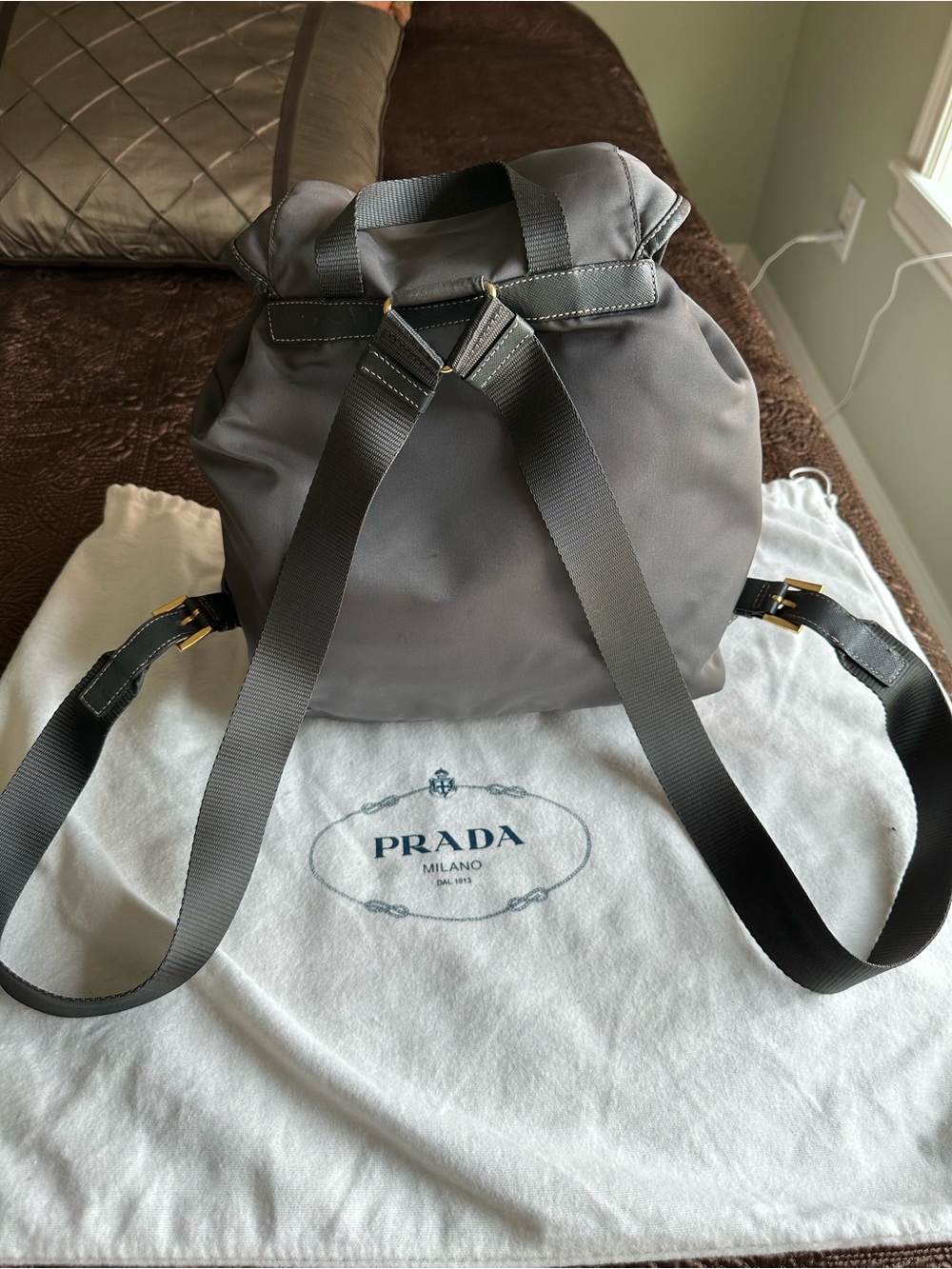 Prada Gray Nylon Drawstring Backpack with Gold Hardware - Picture 3 of 16